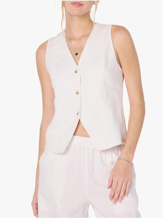 The Drop Tops - Sleeveless V-Neck Button Front Top - Cream